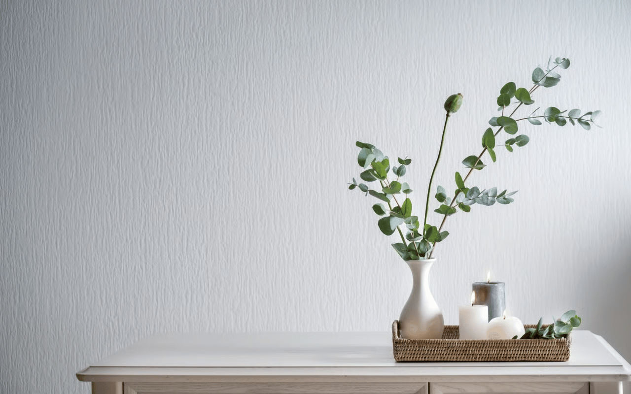 Eucalyptus stems in a ceramic vase with candles on a white console table.