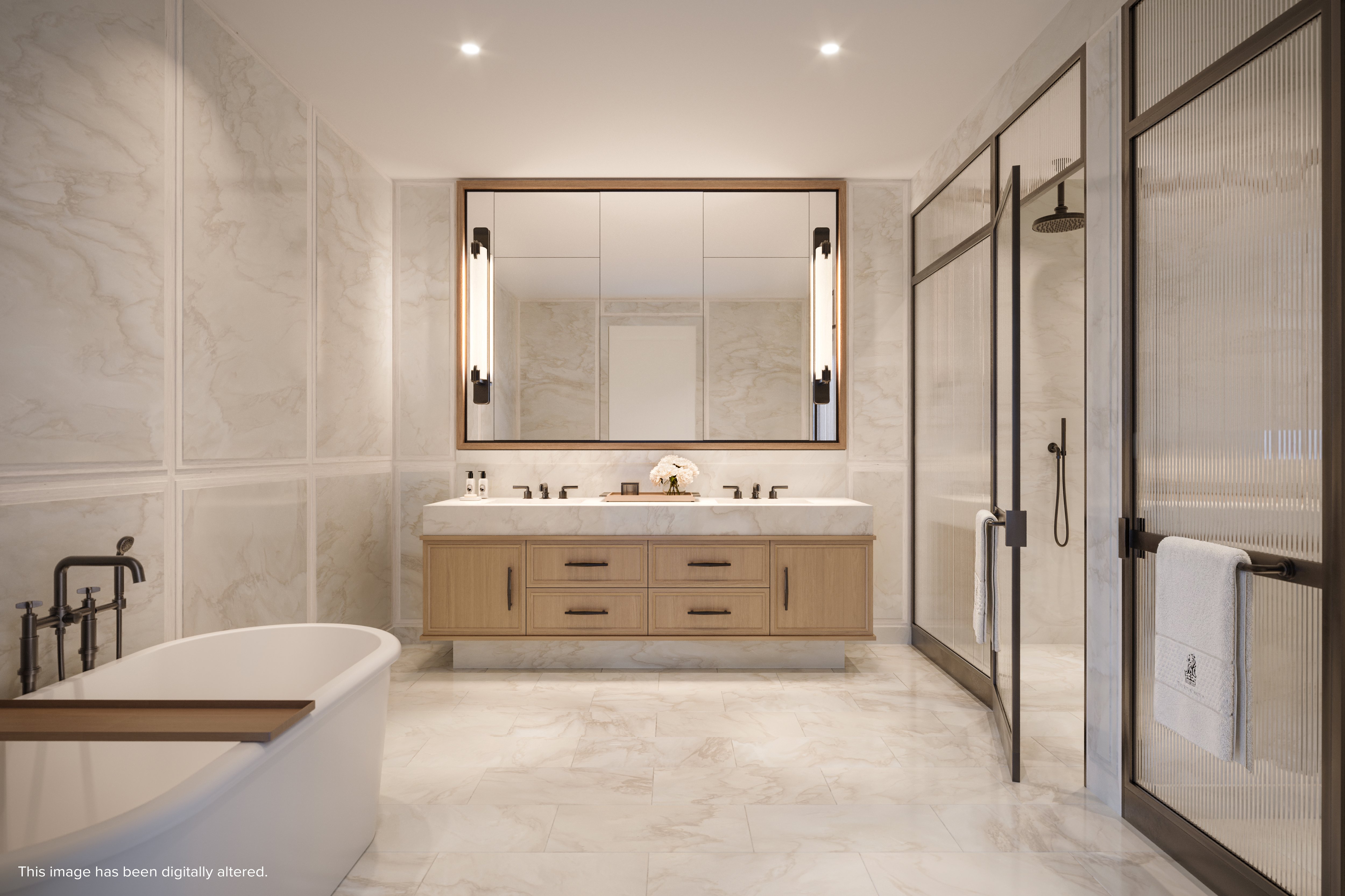 Rendering of a marble master bathroom with a freestanding soaking tub, double vanity and glass shower