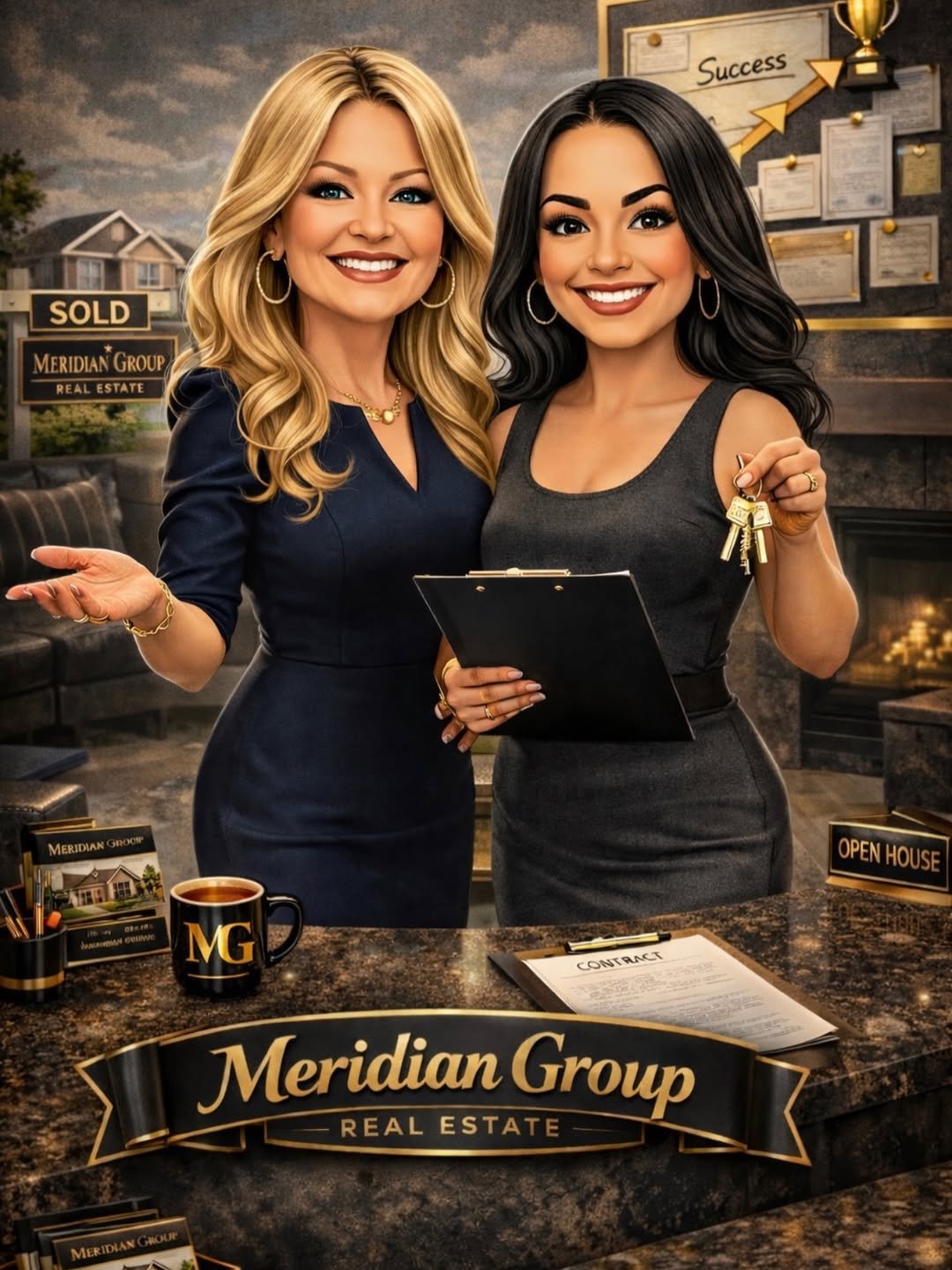 Cartoon-style portrait of Tammy Petit Loveland and daughter Alexis as Colorado realtors holding keys to luxury Castle Rock home with mountain views