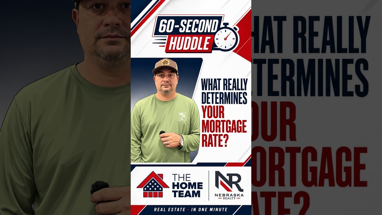 60-Second Huddle graphic asks what really determines your mortgage rate, featuring a man and The Home Team and Nebraska Realty logos.