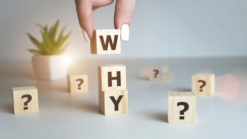 A hand places a W block above H and Y blocks, spelling WHY among scattered question-mark blocks.