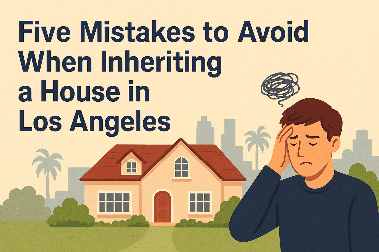 Cartoon male visibly confused with a cartoon home depicted in Los Angeles in the background with text reading Five Mistakes to Avoid When Inheriting a House in Los Angeles