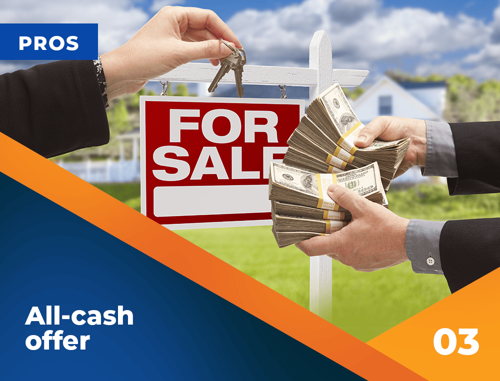 Infographic: iBuyer pros include an all-cash offer, illustrated with house keys, a For Sale sign, and cash.