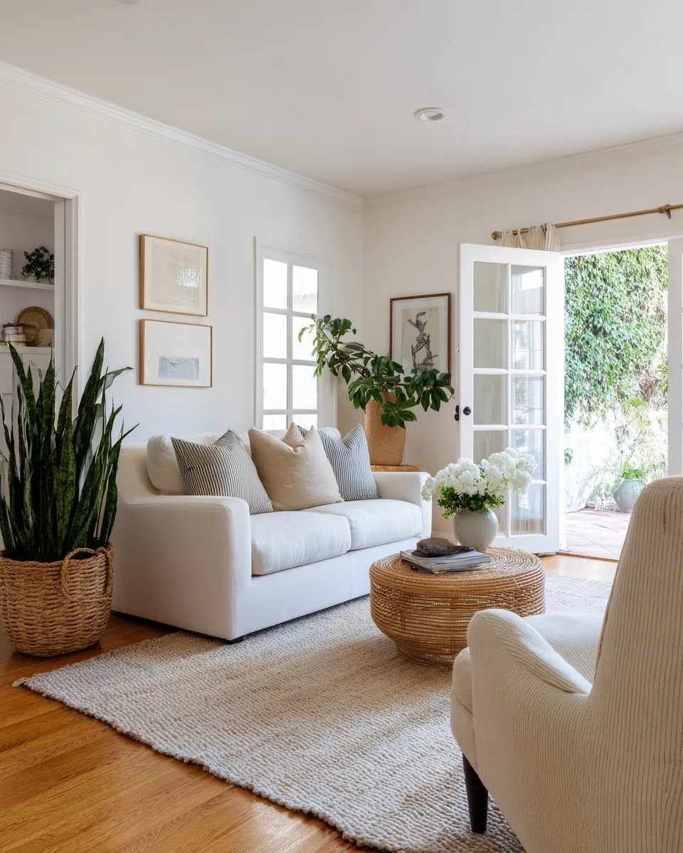 Bright living room with a white sofa, woven coffee table, and open French door to the patio.