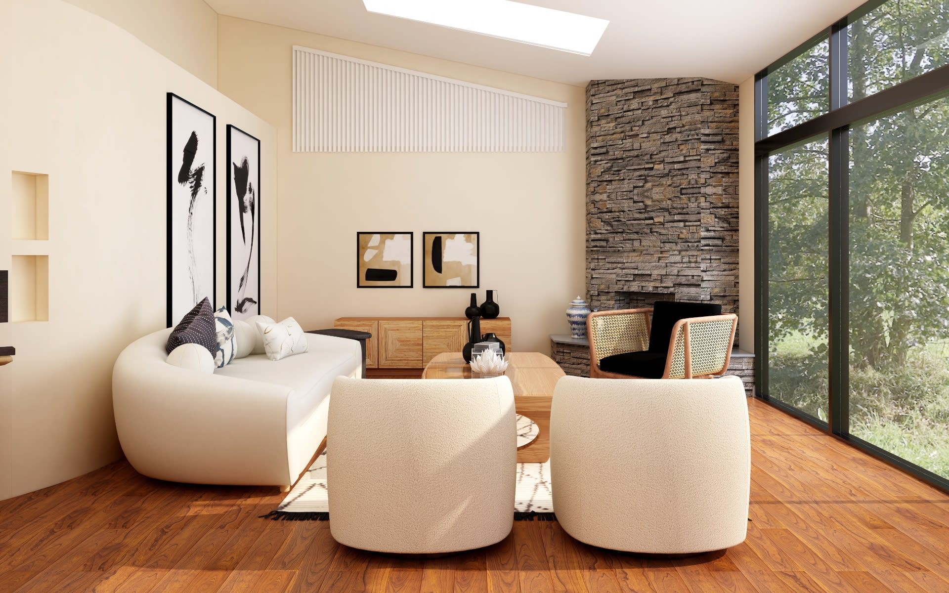 A bright, cozy living room with a stone fireplace, beige furniture, and natural wood floors creates an inviting mood.
