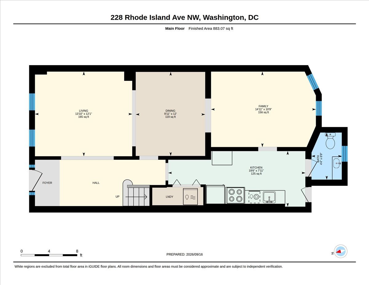 Main-floor plan for 228 Rhode Island Ave NW, with labeled rooms and an 883-square-foot finished area.