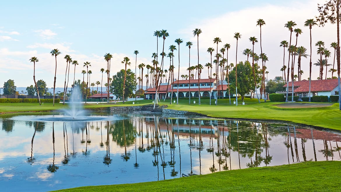 An aerial view of a golf course at Rancho Las Palmas Country Club in Rancho Mirage, California