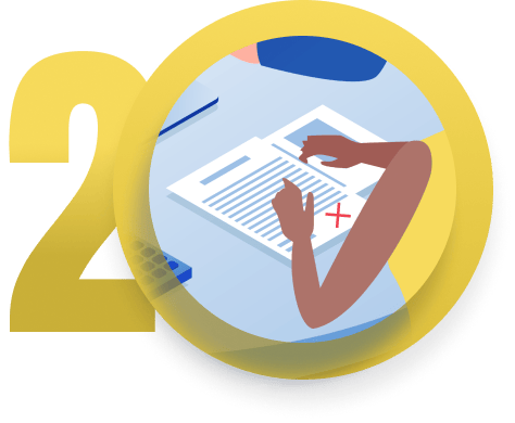 Illustration of a person reviewing paperwork marked with a red X beside the number 20.