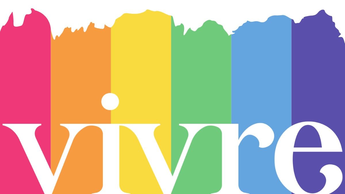 Logo for top San Francisco Realtors Vivre Real Estate over a stylized Pride flag for SF Pride 2023