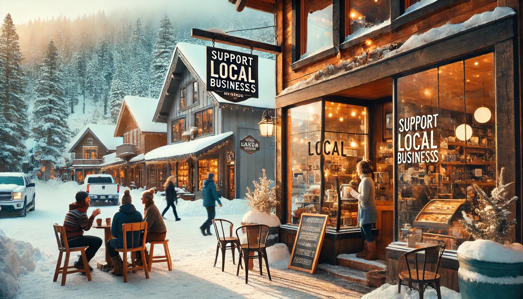 Snowy mountain-town street with warmly lit shops, outdoor café tables, and signs supporting local businesses.
