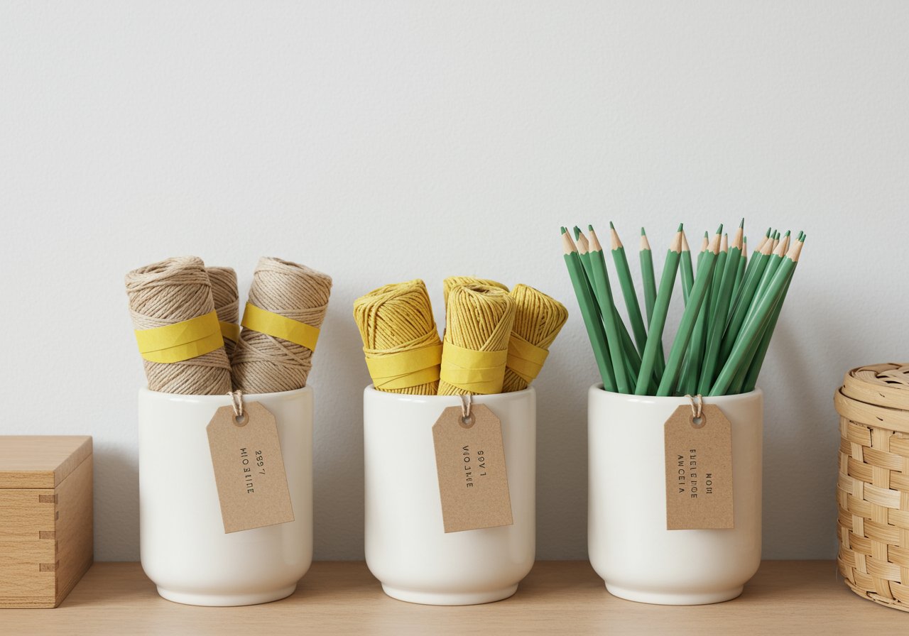 well organized jars of craft supplies including string and pencils