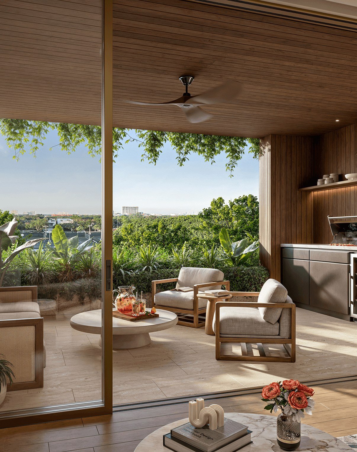 Rendering of a Ziggurat residence terrace with lounge seating, greenery and an outdoor kitchen.