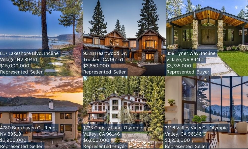 Real estate transaction collage showing six Tahoe-area properties, addresses, sale prices, and buyer or seller representation.