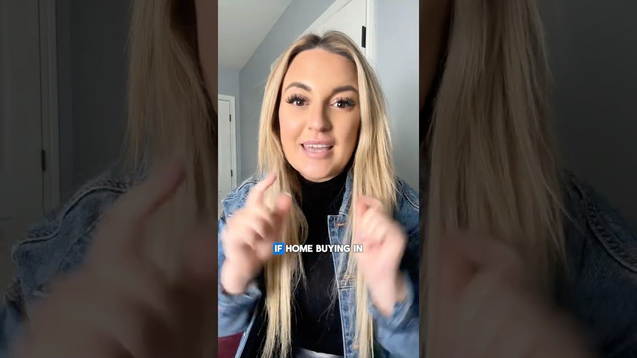 Blonde woman in a denim jacket speaks to camera about home buying.