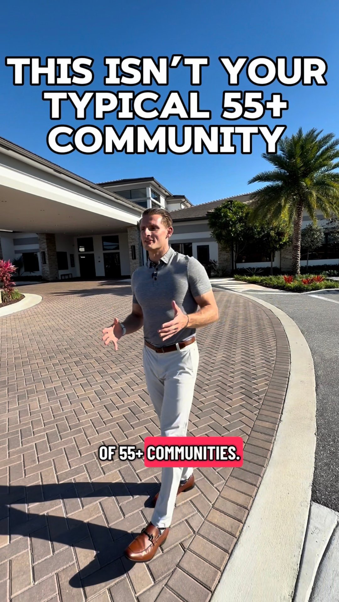 A man presents outside a 55+ community clubhouse beneath a bold headline.