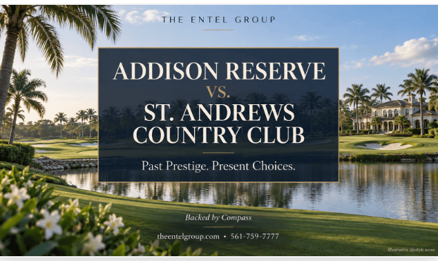 Editorial illustration of South Florida golf and luxury estate living with the title Addison Reserve vs. St. Andrews Country Club.