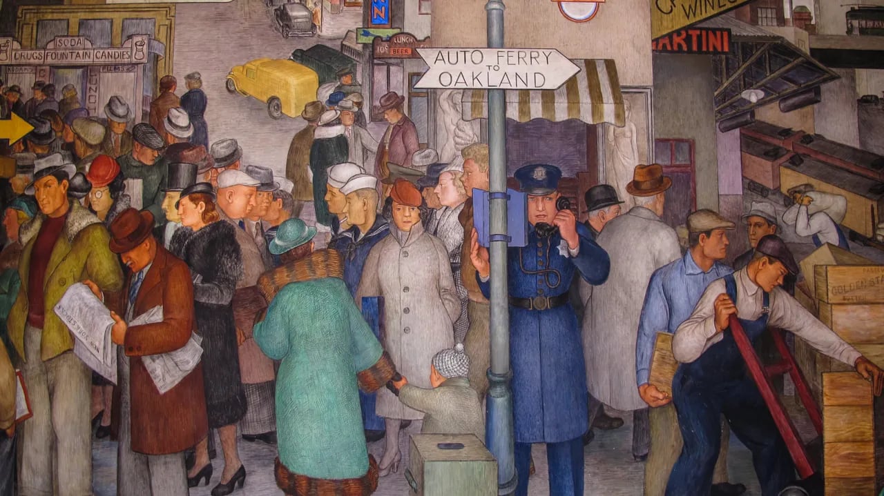 Historic WPA Depression-era mural inside Coit Tower showing diverse crowd and vintage storefronts