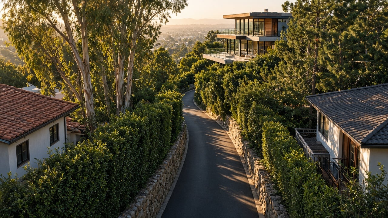 A narrow hillside driveway winds between hedges and homes toward a modern house, with a distant city view.