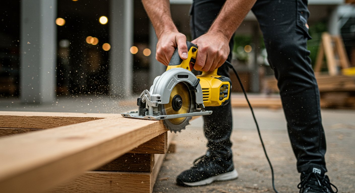 man sawing a 2x4 board with a DeWalt saw