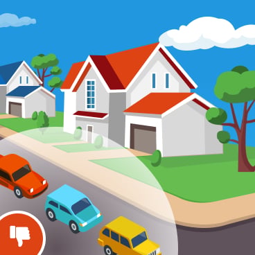 Corner-lot houses beside a curved street with cars and a thumbs-down symbol.