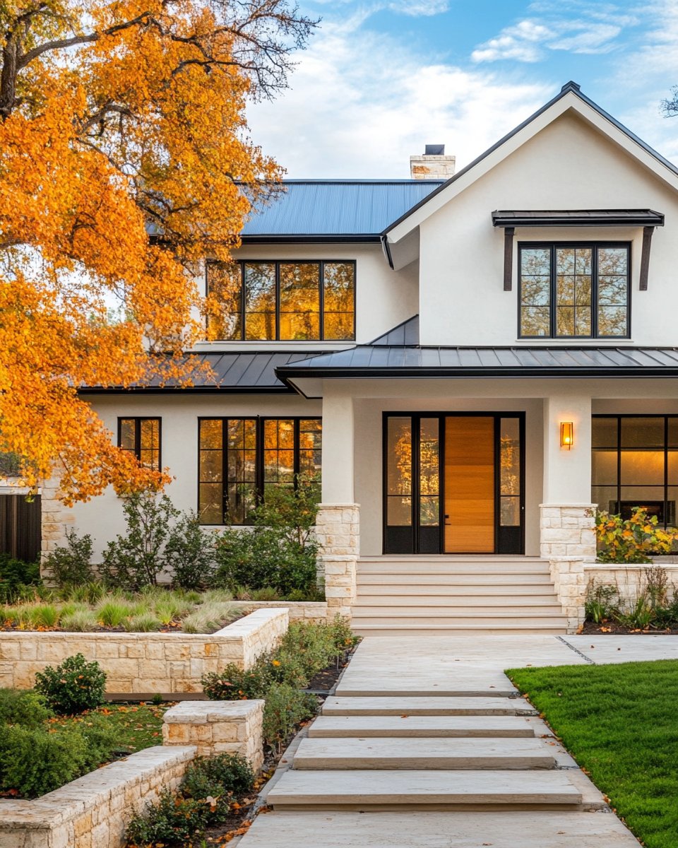 Modern white two-story home with a wood front door, stone walkway, and orange autumn tree.