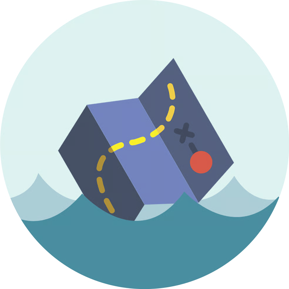 Map with a dashed route and location marker partly submerged in water.