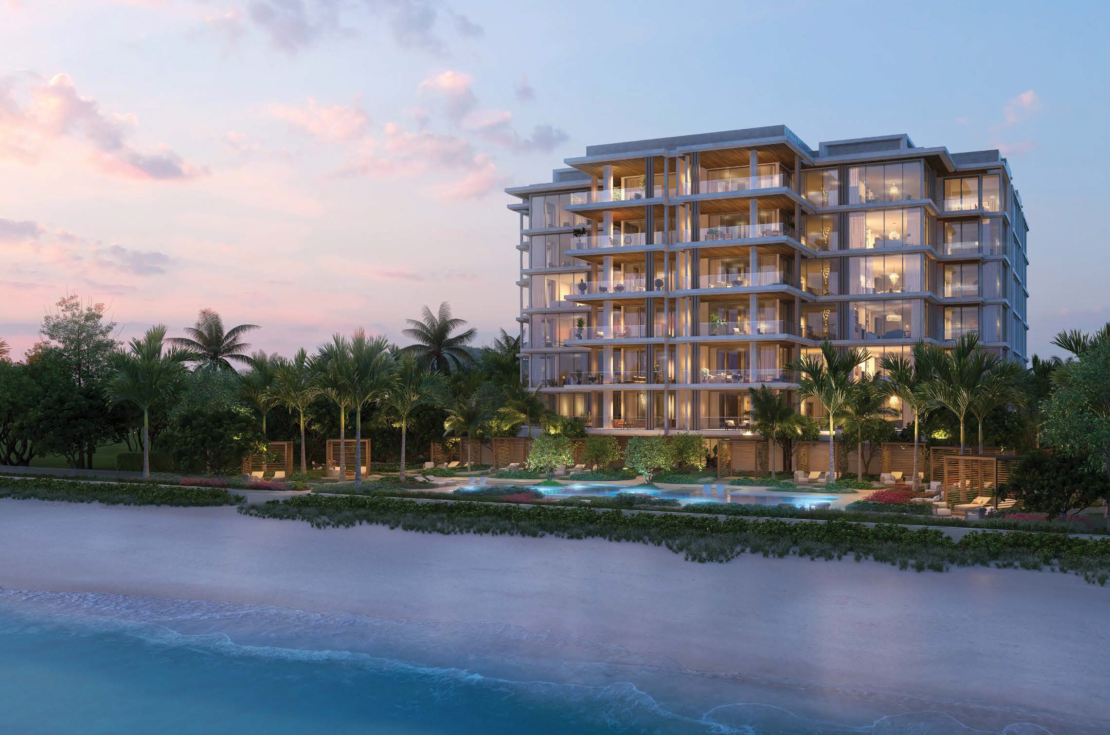 Dusk rendering of the six-story building at Olana Naples Residences