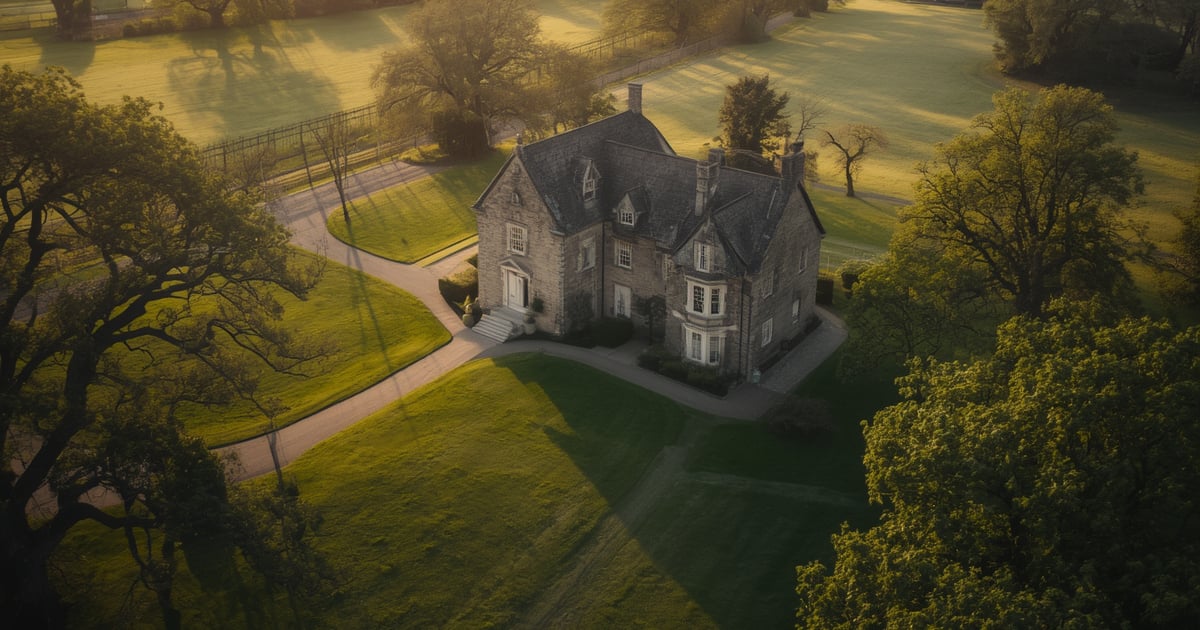 Elevated view of a majestic historic stone manor house with multi-gabled roofs, nestled among mature trees and surrounded by expansive green lawns, bathed in soft golden hour sunlight.