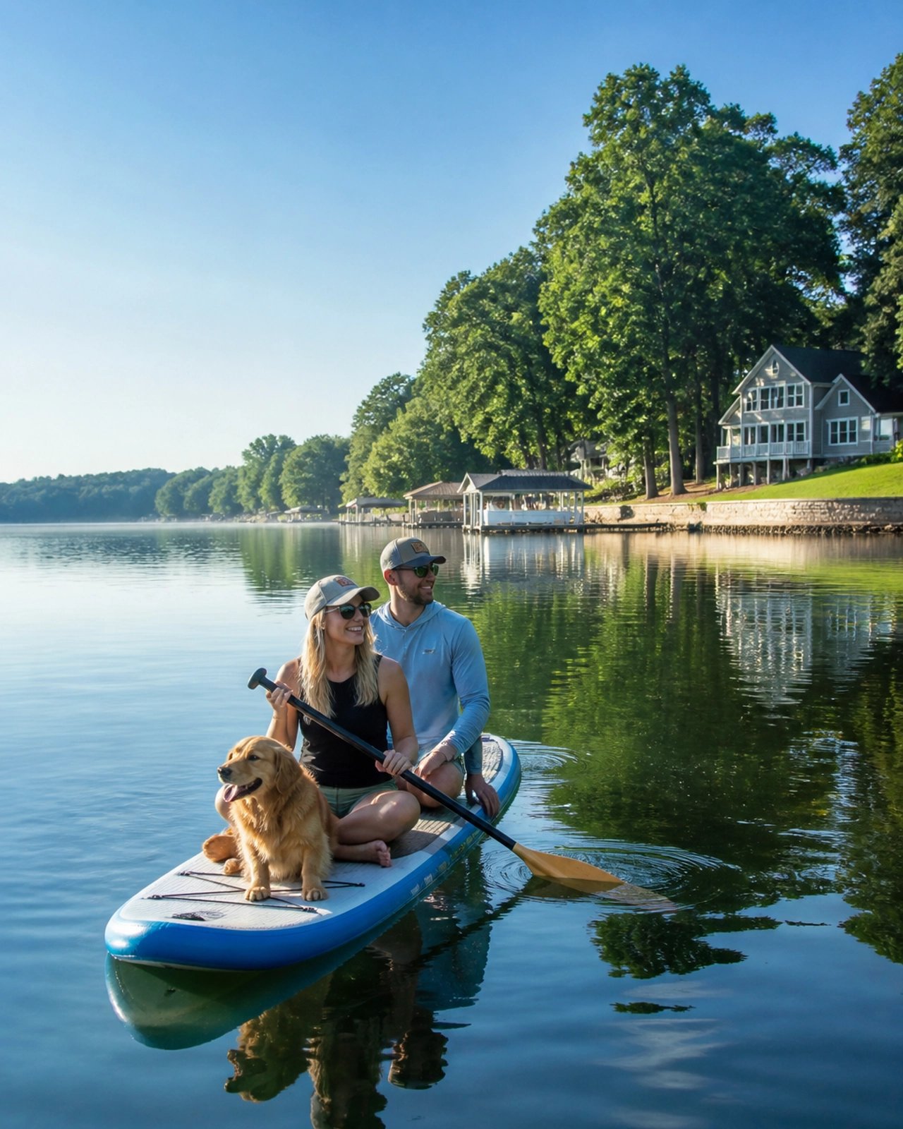 A couple and golden retriever paddleboard on a calm lake beside wooded shores and lakeside homes.