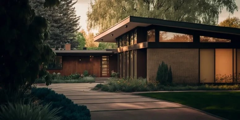 Mid-century modern home with an angular roof, clerestory windows, and landscaped driveway.