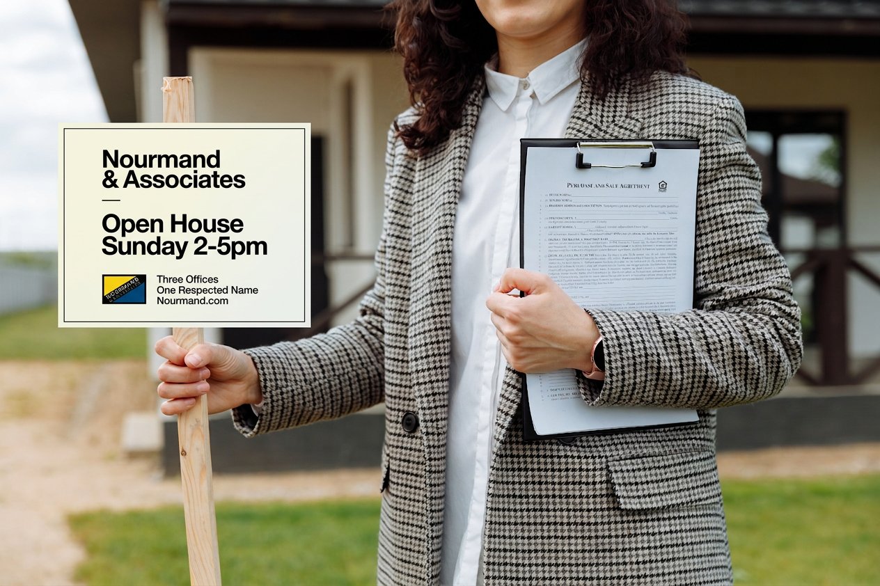 Real estate agent holds a Nourmand & Associates open house sign outside a home.