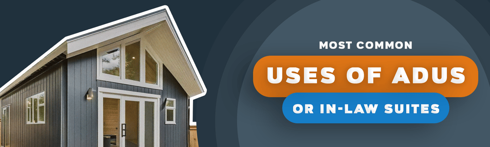 Common uses of ADUs or in-law suites, beside a modern detached dwelling.