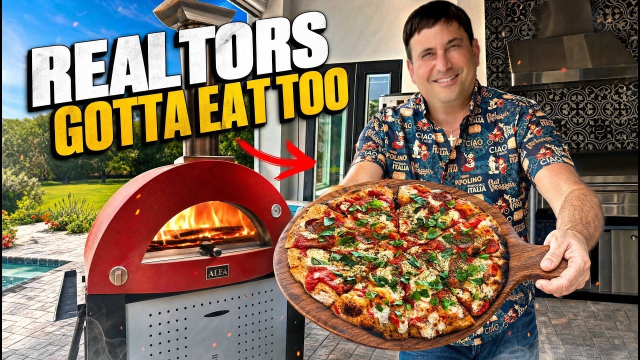 Video thumbnail: smiling man holds a pizza beside a red outdoor oven; “REALTORS GOTTA EAT TOO” headline.