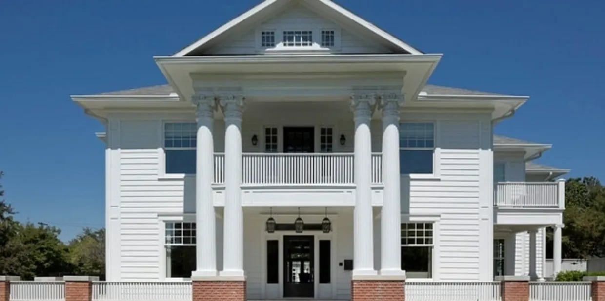 White Greek Revival house with a pediment, tall columns, and a second-floor balcony.