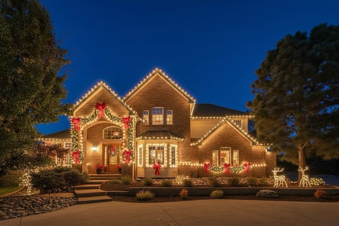 Luxury Parker, Colorado estate on over 5 acres at Sterling Tree Farm, surrounded by mature trees and mountain views, decorated for the holidays.