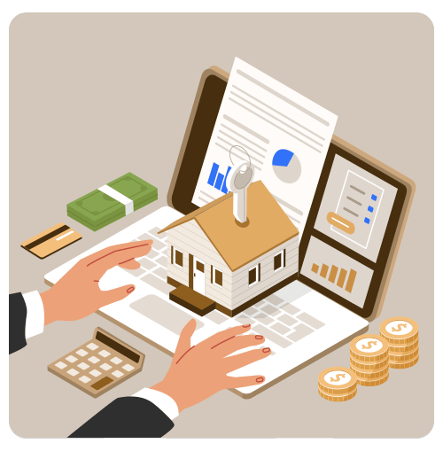Real estate closing illustration with a house, paperwork, key, calculator, cash, and coins.