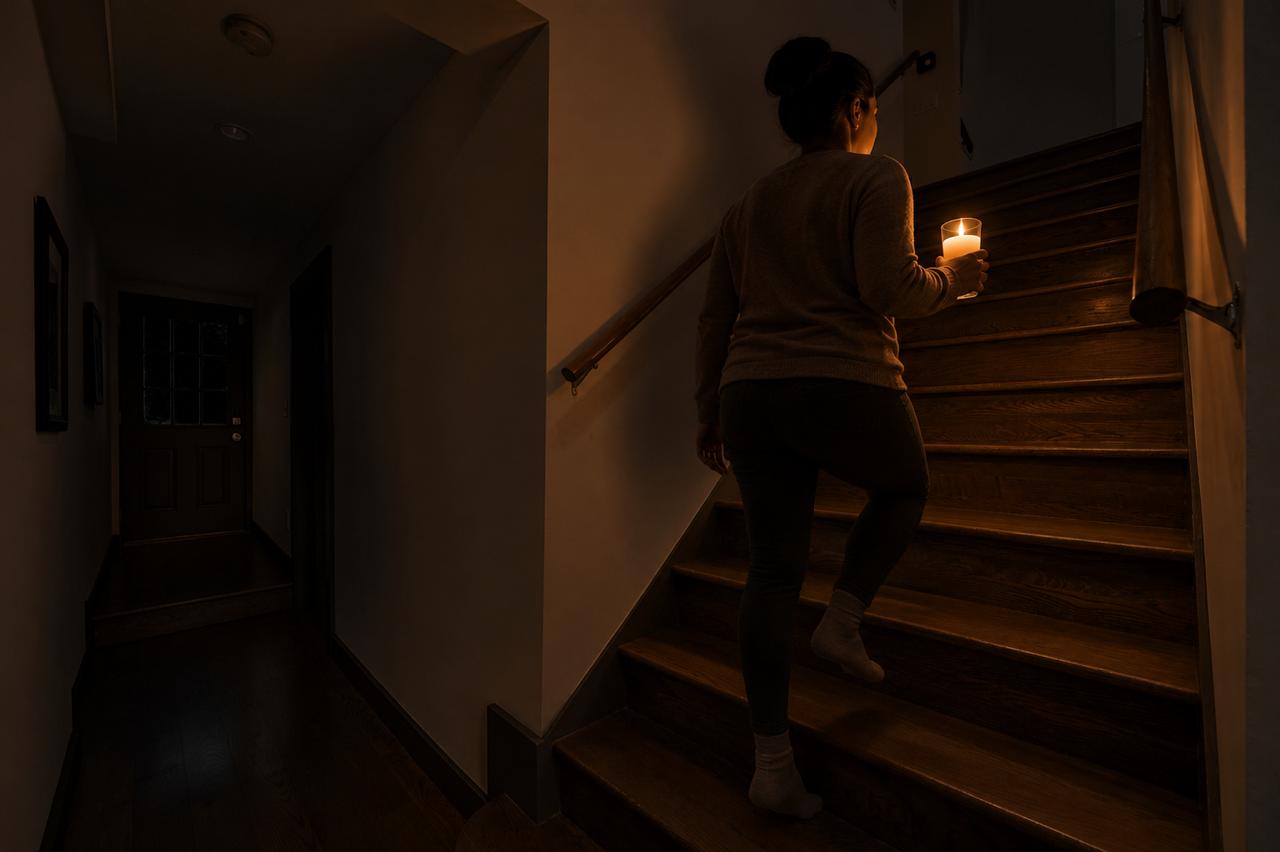 Person carrying a candle up a dark interior staircase during a power outage