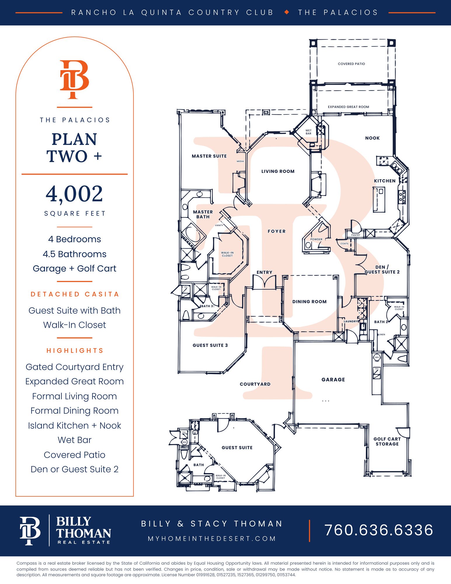 Rancho La Quinta Country Club Palacios Plan Two Plus floor plan, 4 bedroom 4.5 bath 4,002 sq ft single story home with detached casita