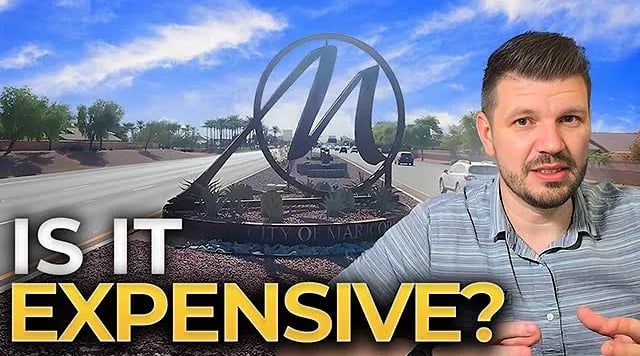 Video thumbnail asking whether Maricopa is expensive, with a presenter beside a city monument and road.