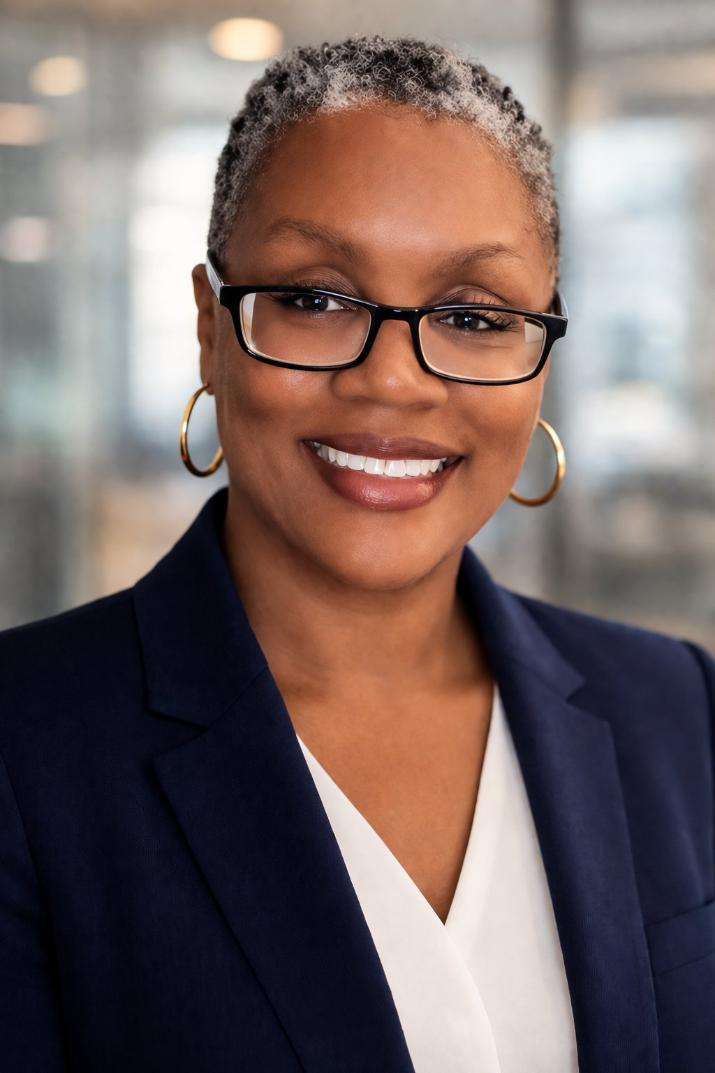 Tina Simon smiling in glasses, gold hoop earrings, and a navy blazer.