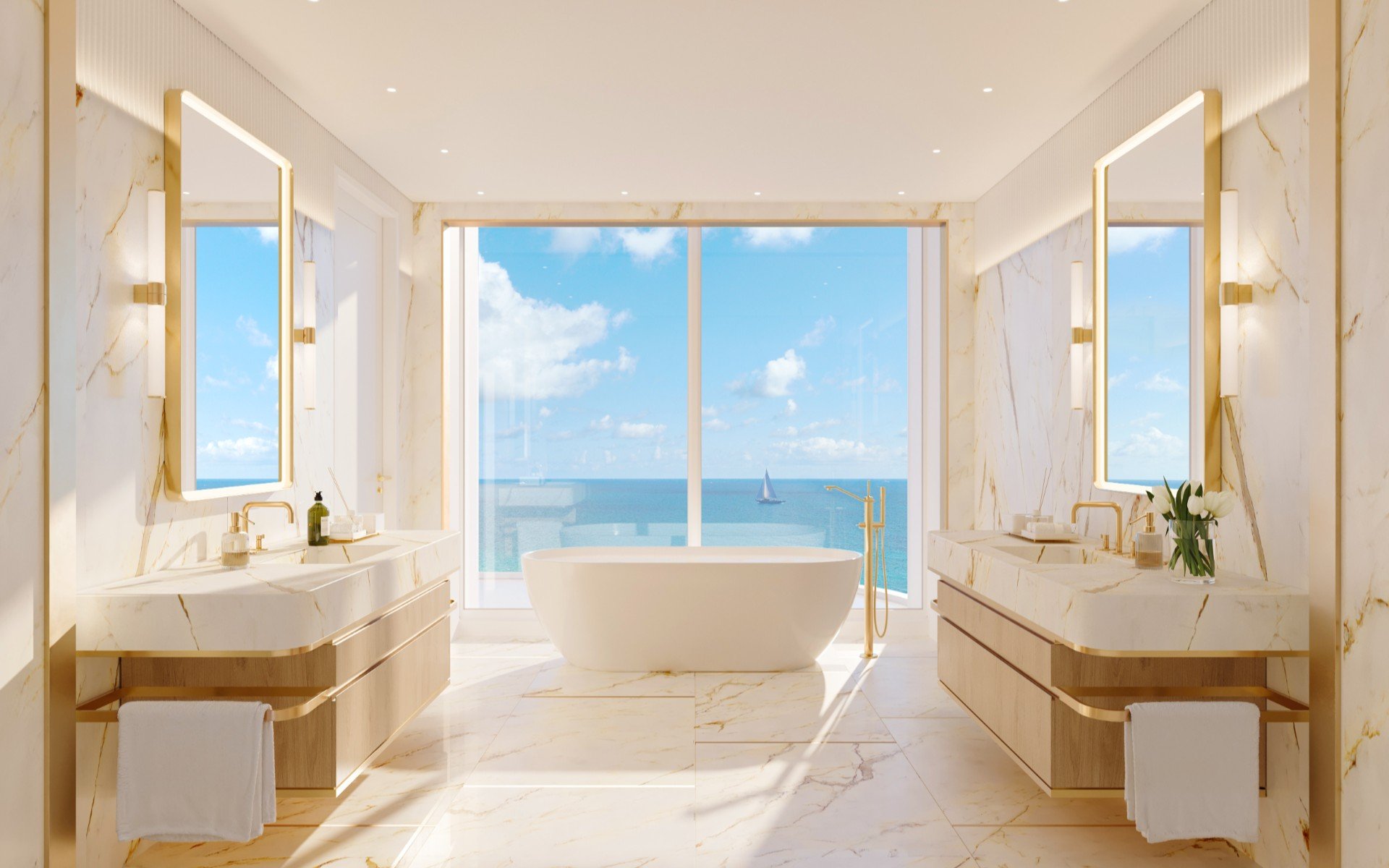 Rendering of a master bathroom with a freestanding tub facing the ocean at The Ritz-Carlton Residences, South Beach