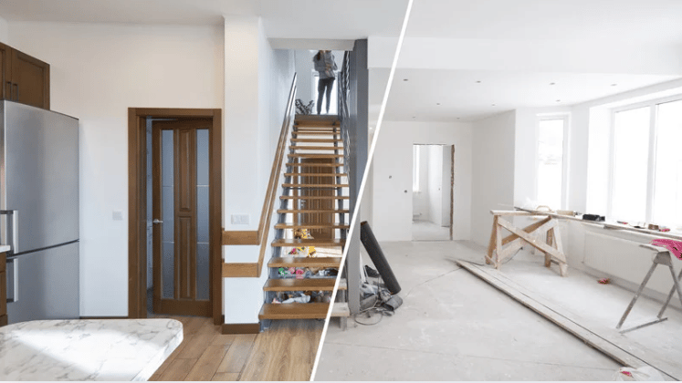 Home renovation showing a finished kitchen and staircase beside a bright, unfinished interior.