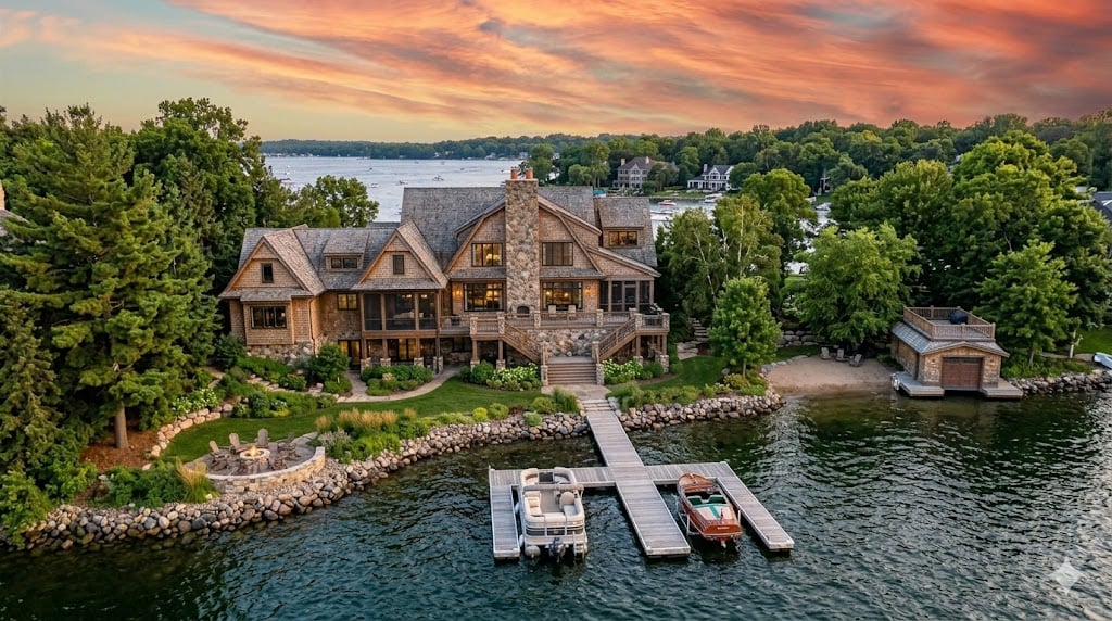 Lakefront home with a stone-and-wood exterior, boathouse, and dock with boats at sunset.