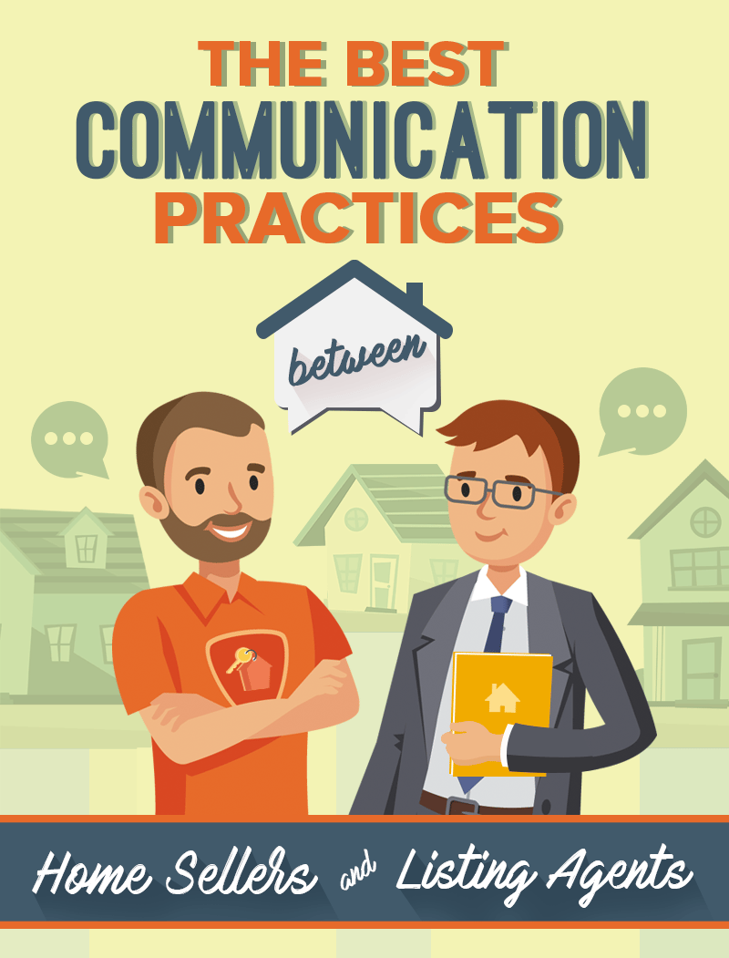 Communication practices graphic showing a home seller and listing agent in front of houses.
