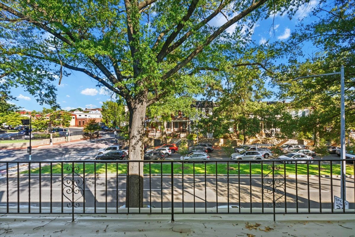 Street view from a front porch, framed by a large leafy tree and iron railing.