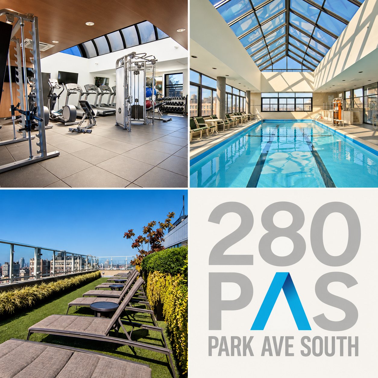 280 Park Avenue South amenities: fitness center, glass-roofed pool, and rooftop terrace with city views.