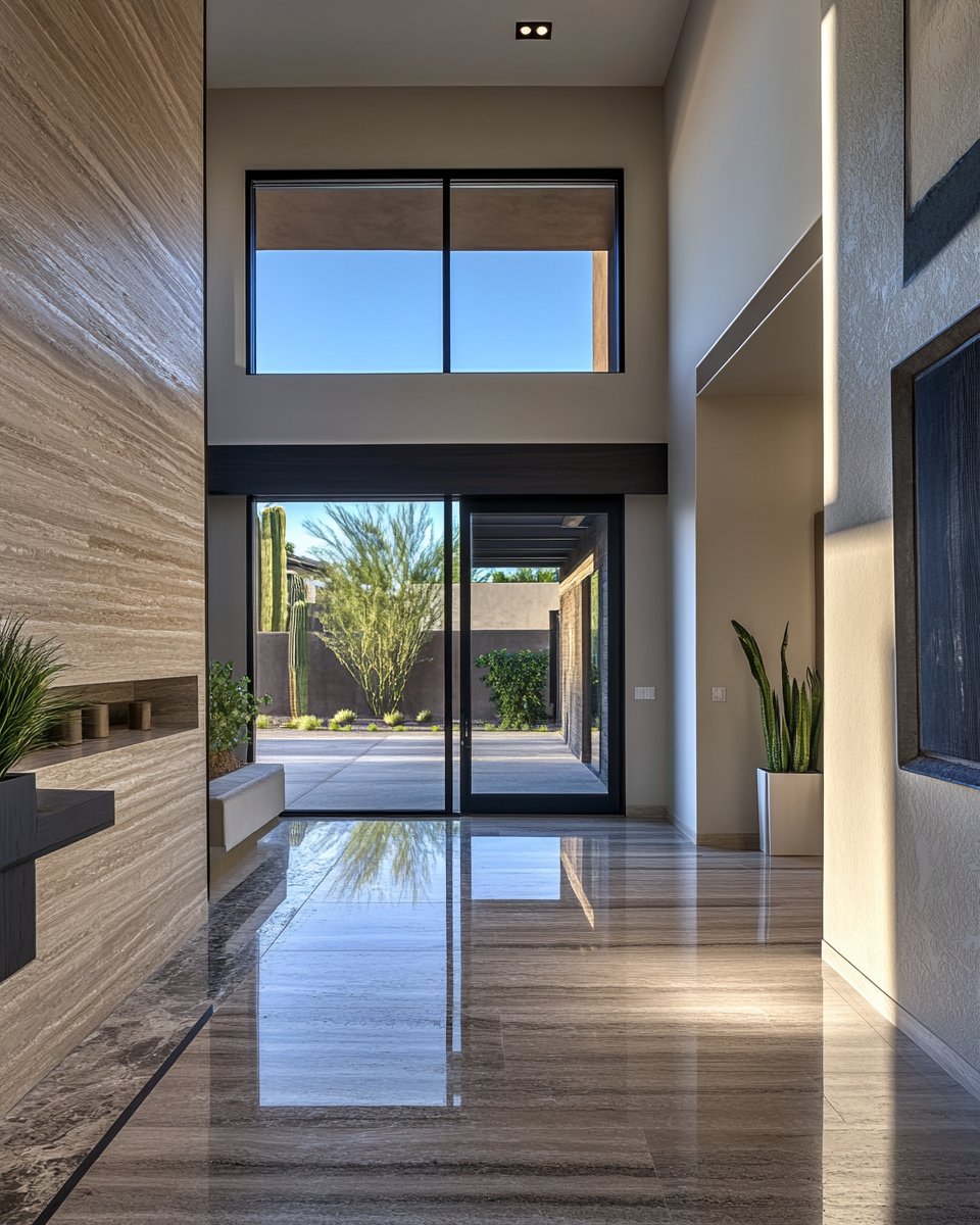 Modern entry foyer with polished stone flooring and glass doors opening to a courtyard.