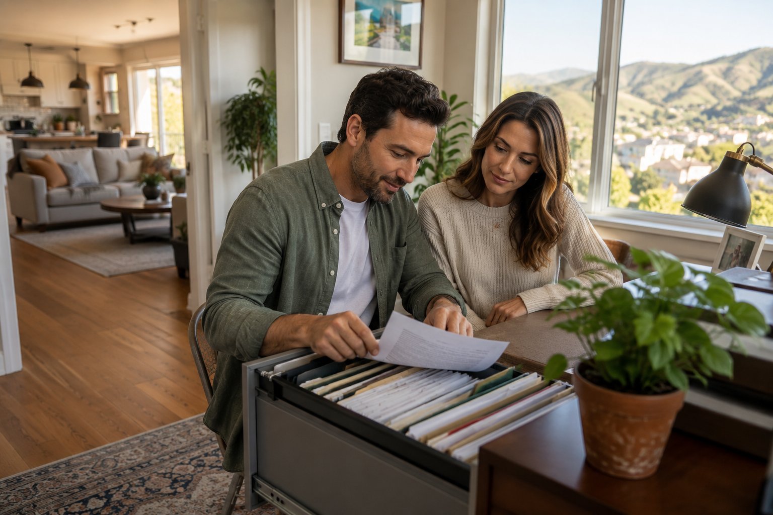 Buyer organizing financial documents during loan approval process