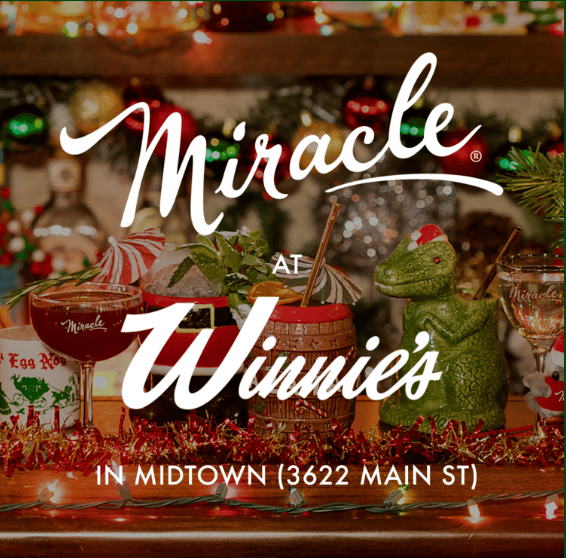 Holiday bar promotion for Miracle at Winnie's in Midtown, featuring festive cocktails and Christmas decorations.