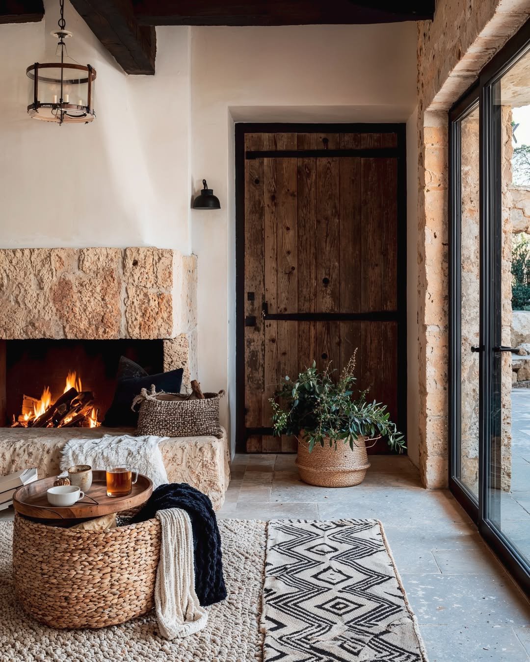 Cozy stone fireplace with wooden beams, rustic door, woven basket, and textured rug, shown by Amy Ali and Agency West as an example of classic home style
